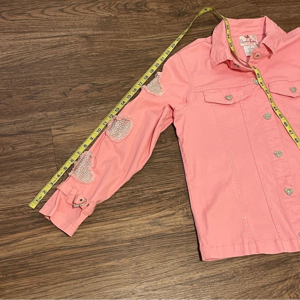 Quacker Factory Denim Button Down Jacket Distressed Rhinestone Hearts Pink S - Picture 15 of 15